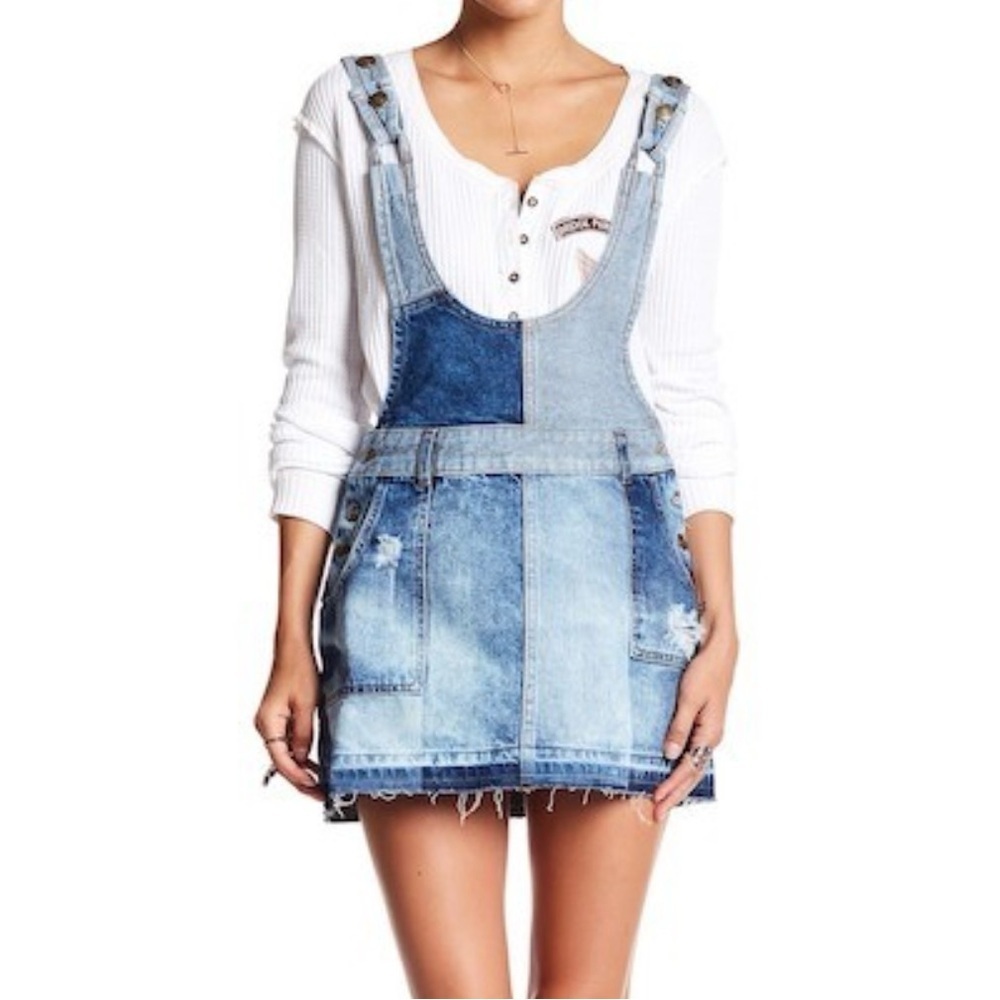 Free People Denim Patch Skirt Jumper Women’s 4 Jean Overall Suspender Mini